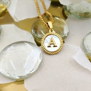 Initial Letter Charm, A, 18K GP Circle Mother of Pearl Textured Charm Necklace